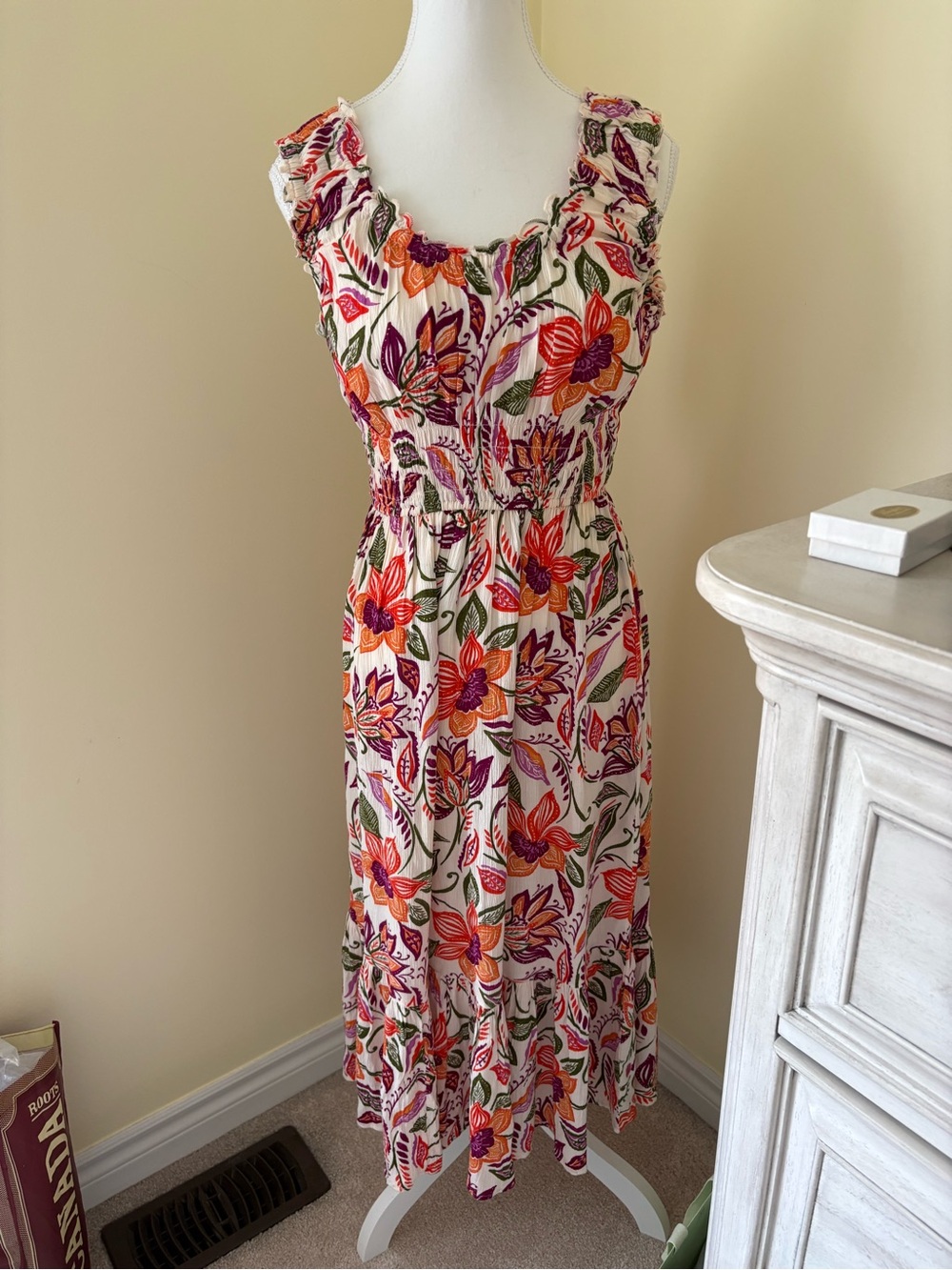 Floral Sleeveless Maxi Dress in Cream with Orange & Purple Print